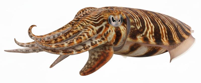  A squishy animal with eight arms and two tentacles. Its skin can flash with different colours and patterns like a moving neon sign.
