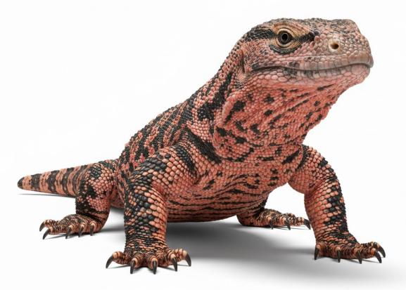  A stout and slow-moving lizard with a thick tail and bumpy skin that looks like it is covered in black and pink beads.