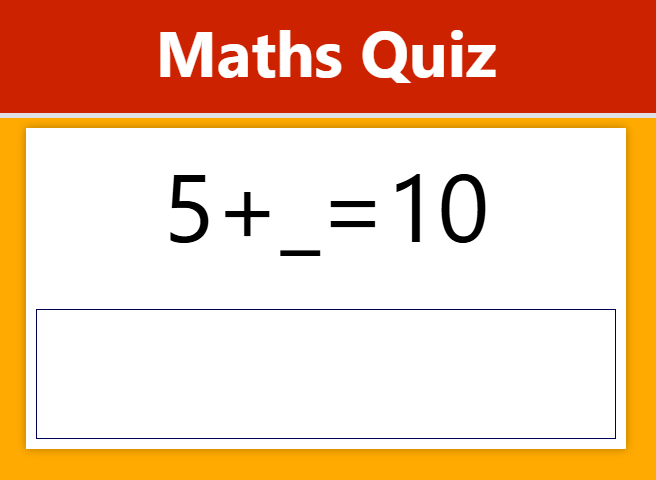 Picture of the quiz questin five plus something equals ten is presented with a large field for answering