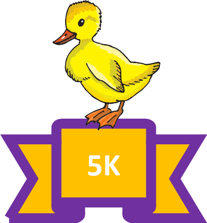 Duckling standing on a ribbon with 5k written on it.