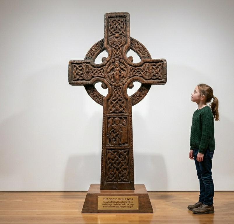 a young girl, approximately eight years old, standing in profile and looking up at a massive, free-standing Celtic high cross. The cross, which is nearly two metres tall, is carved from dark, weathered wood and features a traditional ringed design and intricate knotwork panels. It is mounted on a sturdy wooden plinth with a gold descriptive plaque. The scene is set against a minimalist, bright white wall and a polished light wood floor, emphasising the scale and detail of the carving.