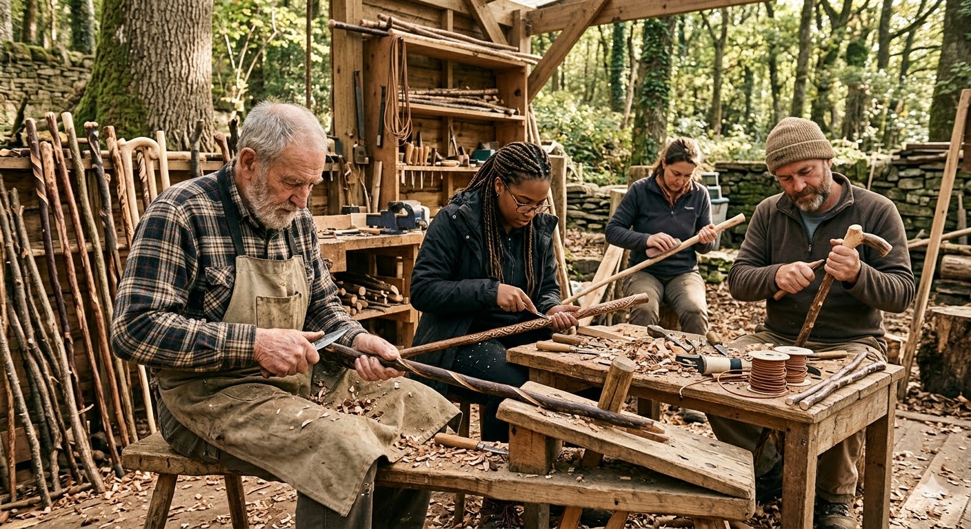 A wide-angle photograph of an outdoor woodworking workshop in a sun-dappled forest. In the foreground, an older man with a grey beard and a tan apron sits on a wooden bench, meticulously carving a dark, twisted wooden walking stick with a small knife. Beside him, a young woman with braids and glasses is focused on detailing a lighter wooden staff. In the background, another man and woman are also engaged in carving and sanding various sticks. The scene is filled with wood shavings, traditional hand tools, and a rustic wooden rack holding several finished walking sticks and canes against a stone wall.