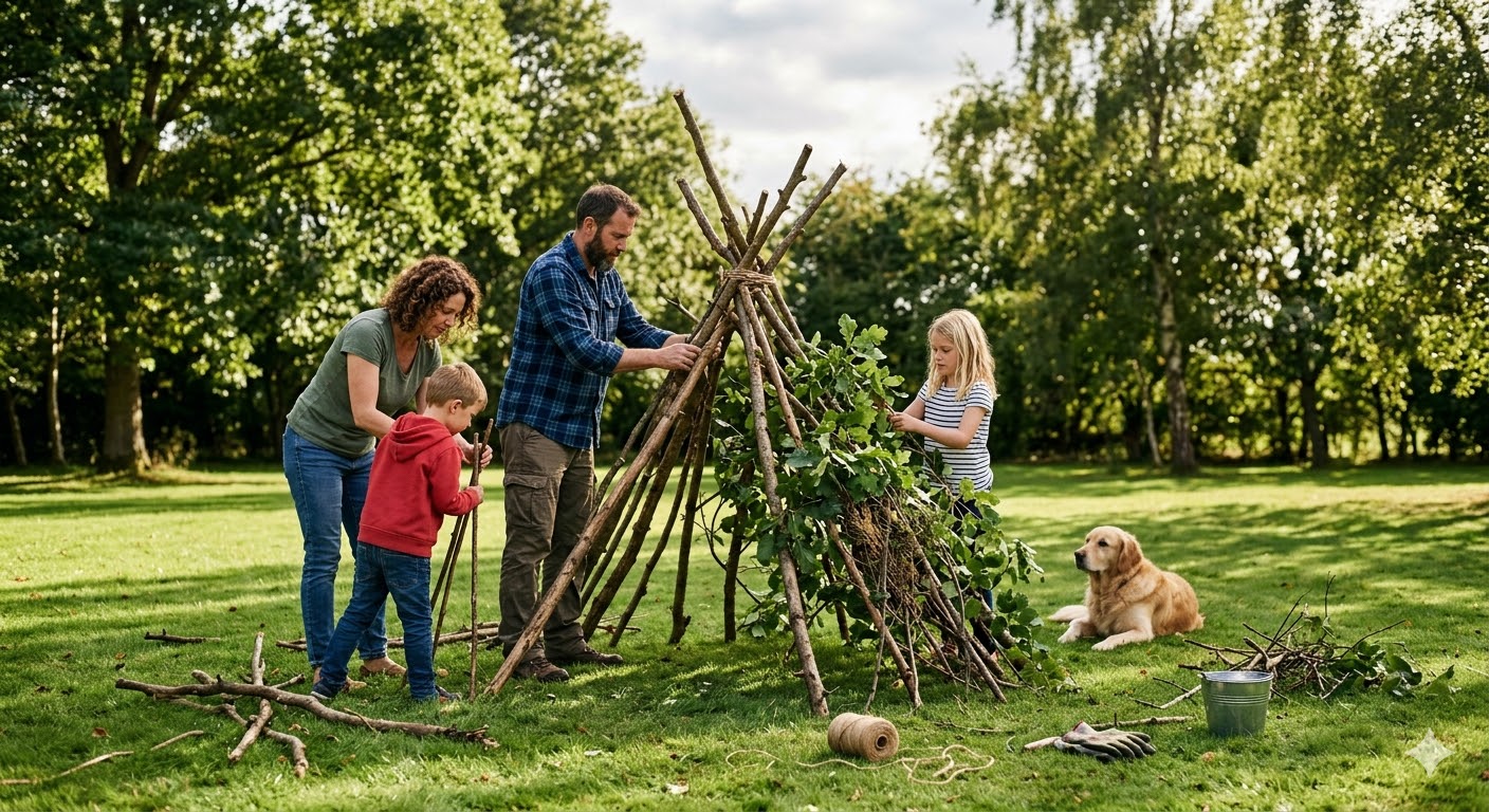 photograph of a family of four working together on a large lawn to build a den from long wooden branches. A man in a blue plaid shirt and a woman in a green t-shirt are leaning against the structure, while two young children help lean smaller sticks against the frame. The den is partially covered with leafy oak branches. A golden retriever sits patiently on the grass nearby next to a coil of twine and a metal bucket. The background features a dense line of lush green trees under a slightly overcast sky.