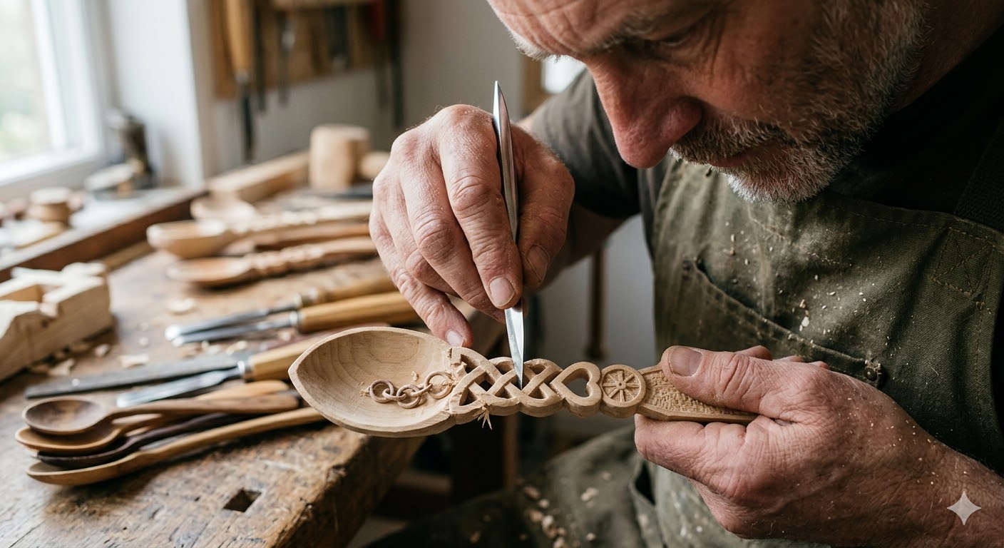photograph capturing the weathered hands of an experienced craftsman as he meticulously cars a complex Welsh love spoon from a block of sycamore wood. The close-up view focuses on his calloused, dust-covered fingers, which carefully hold a small, fine-bladed sloyd knife, its point precisely defining the intricate Celtic knotwork and heart-shaped patterns already partially formed in the wood grain. Fresh wood shavings accumulate on his leather apron and the rustic, cluttered wooden workbench, which is covered in other carving tools—chisels, files, and finished spoons—under soft, natural daylight. The craftsman's focused eyes, stubbled grey beard, and furrowed brow are softly blurred in the background, adding to the feeling of deep concentration.