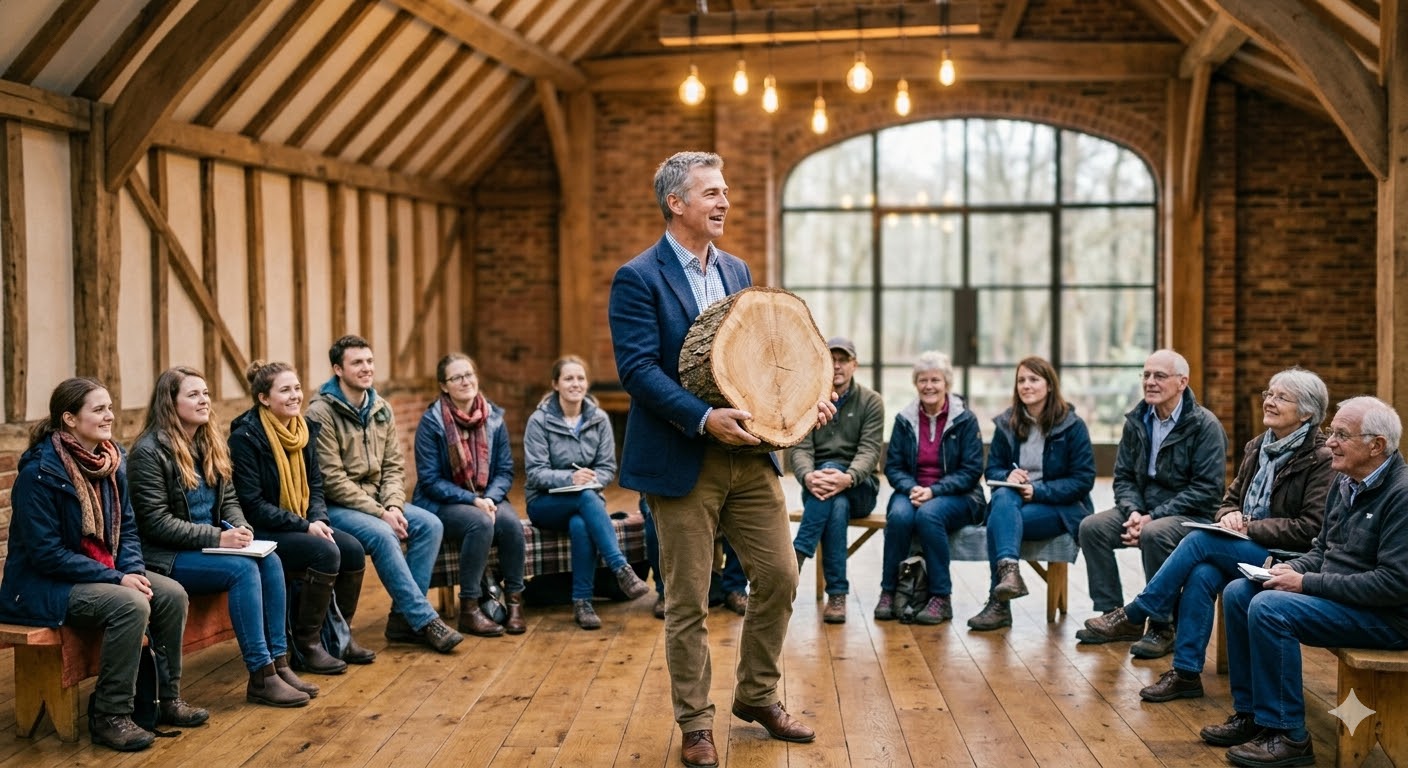 photograph of an indoor workshop with a high, vaulted wooden-beamed ceiling and exposed brick walls. A man in a blue blazer and brown trousers stands in the centre, holding a large, thick cross-section of a tree trunk with visible rings. He is smiling and giving a presentation to a group of about a dozen people of various ages who are seated in a semi-circle on wooden benches. The participants are dressed in casual outdoor clothing, some holding notebooks and pens, listening intently. Large arched windows at the back look out onto a forest, and warm Edison-style bulbs hang from the rafters.