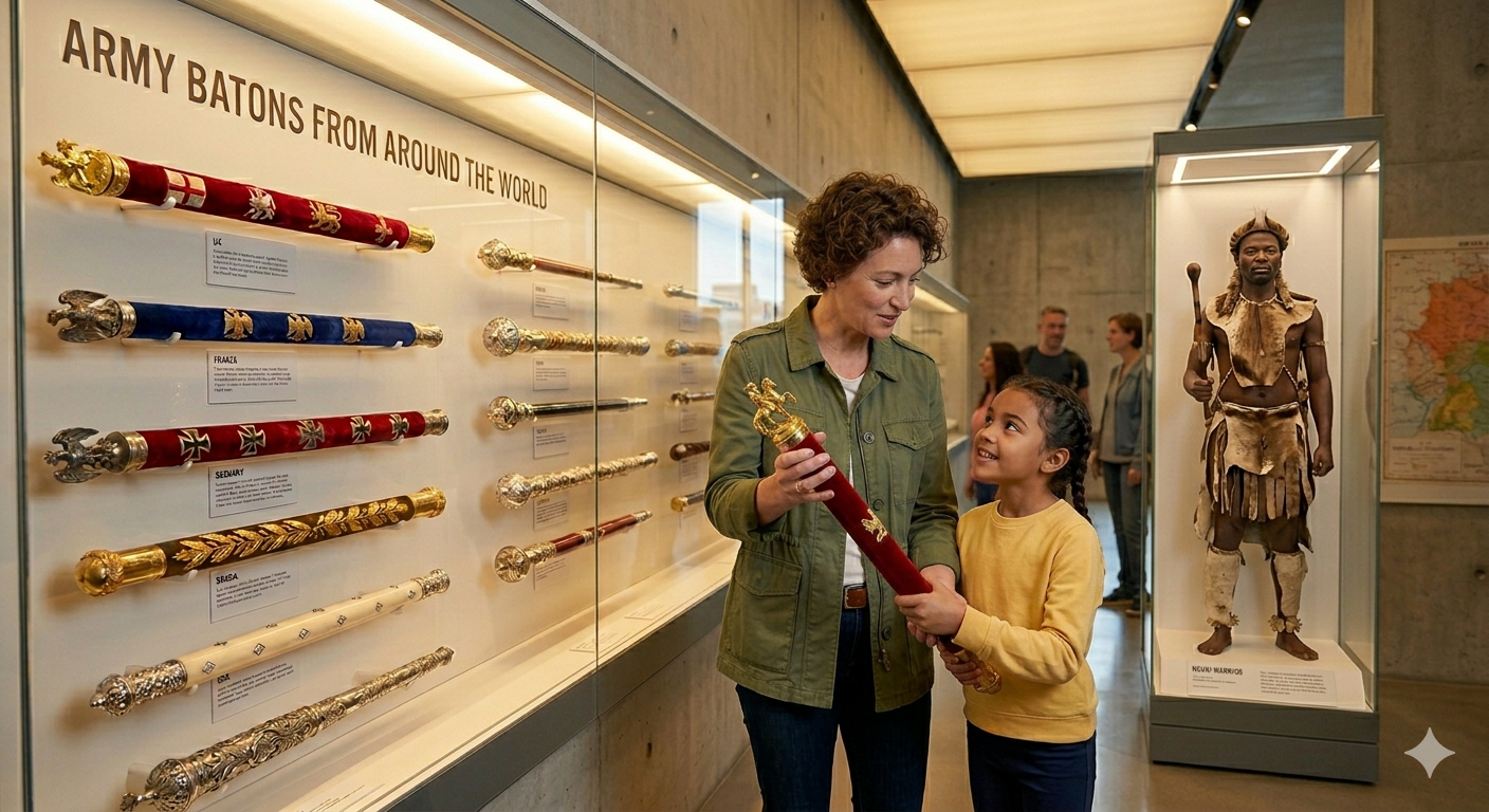 photograph of a woman and a young girl in a modern museum gallery. The woman, with short curly hair and a green utility jacket, is carefully holding a long, ornate red velvet and gold ceremonial baton, presenting it to the girl. The girl, wearing a yellow jumper and dark braids, reaches out to touch the baton with a delighted and curious expression. In the background, a large glass display case titled ARMY BATONS FROM AROUND THE WORLD houses several other decorated batons, and a separate lit case features a life-sized figure of an Nguni warrior in traditional attire holding a staff. Other museum visitors and a map are visible in the soft, ambient lighting of the hall.