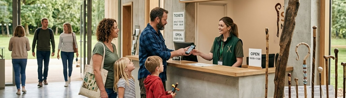 a family at the ticket desk. A man in a blue checked shirt stands at a concrete counter, showing a digital ticket on his smartphone to a smiling female staff member in a green vest. Beside him, a woman with curly hair and a tote bag looks on, while two young children wait eagerly; the young boy holds a small, colourful toy stick. The museum lobby is bright and modern, featuring large glass doors that open onto a green park. To the right of the counter, a wooden display rack showcases a variety of walking sticks, including a tall rustic staff, a shepherd's crook, and several canes with decorative handles. 