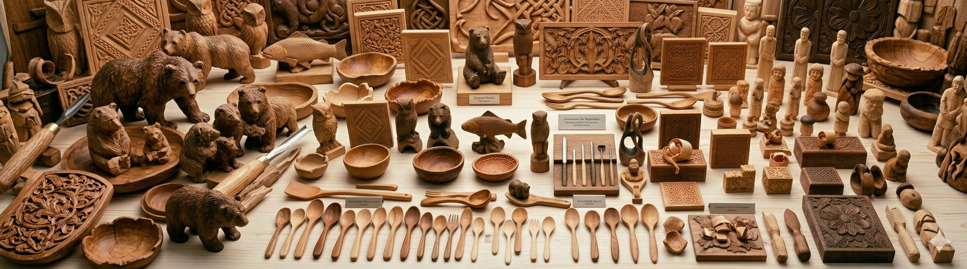A wide, panoramic hero banner featuring a dense, meticulously arranged collection of hand-carved wooden objects. The assortment includes various spoons, bowls, intricate relief panels with floral and Celtic patterns, and animal figurines such as bears, owls, and fish. Craftsmanship tools like chisels and gouges are integrated into the display. Everything is presented on a light, natural wood surface, showcasing a rich variety of wood grains and textures without any background visible.