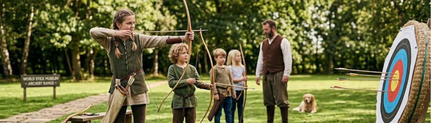 photograph of children participating in an archery session at an outdoor range. In the foreground, a young girl with braided hair, wearing a green tunic and a quiver at her waist, holds a tall wooden longbow at full draw, aiming at a target. Beside her, a young boy with curly hair also holds a bow, preparing his shot, while two other children wait their turn in the background. A man in traditional waistcoat and trousers stands nearby, supervising the group, and a golden retriever sits calmly on the grass. To the right, a large straw target features several arrows already clustered near the bullseye.