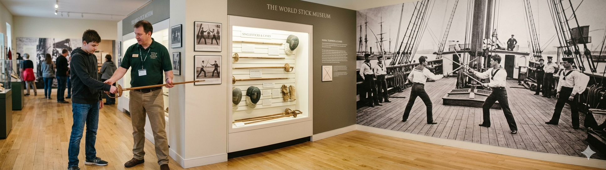 An adult male museum instructor in a green polo shirt and khaki trousers guides a teenage boy in a grey hoodie on how to hold a singlestick. They are positioned in a museum corner, surrounded by large historical murals and black-and-white photographs depicting 19th-century sailors practicing stick fighting on the deck of a ship. The room features light wood flooring and display cases containing various historical sticks and fencing equipment.