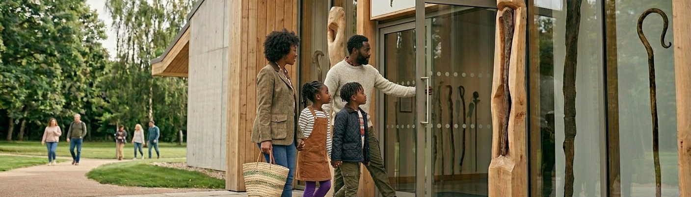 photograph of a family of four entering the museum. The father, in a cream knitted jumper and olive trousers, holds open a glass door that swings outward. A mother in a tweed blazer and jeans, carrying a woven straw bag, follows him with their two young children—a girl in a brown pinafore and a boy in a quilted navy jacket. The museum's exterior is a blend of modern concrete and warm vertical wood panelling. Flanking the entrance are large, floor-to-ceiling glass windows and two tall, hand-carved wooden totems. Inside the glass, various walking sticks and crooks are on display.