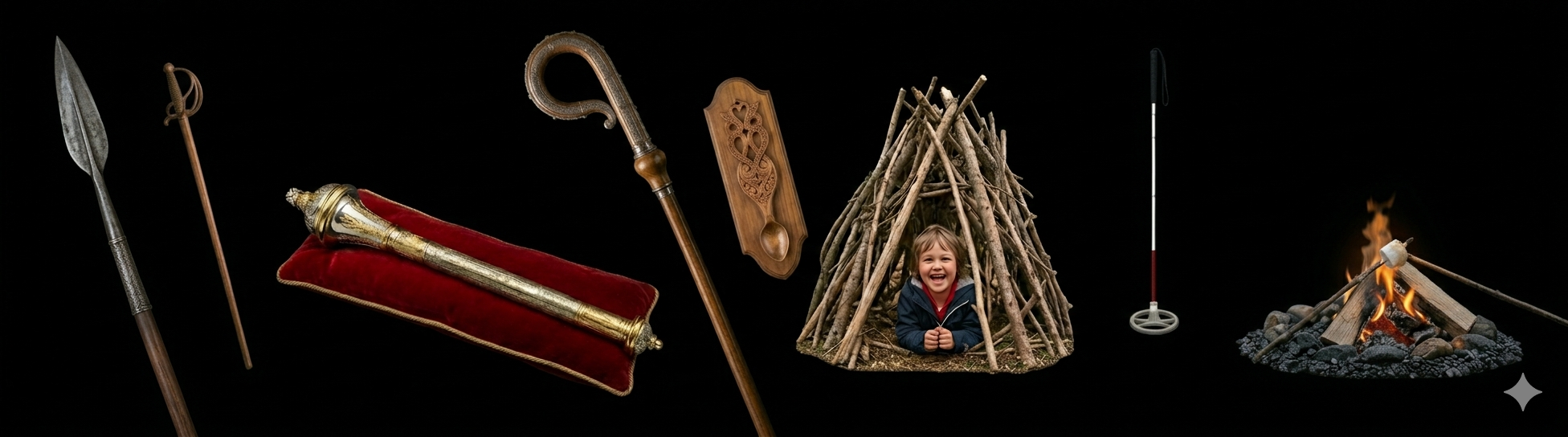A panoramic banner on a solid black background showcasing a diverse collection of sticks and wooden objects. From left to right, the items include a spear with a pointed metal head, a wooden singlestick with a basket hilt, an ornamental silver and gold baton resting on a red velvet cushion, a long wooden bishop's crook with an ornate silver head, a decorative Welsh carved spoon, a smiling child peeking out from a small stick-built shelter, a white mobility cane, and a marshmallow being toasted over a small campfire.