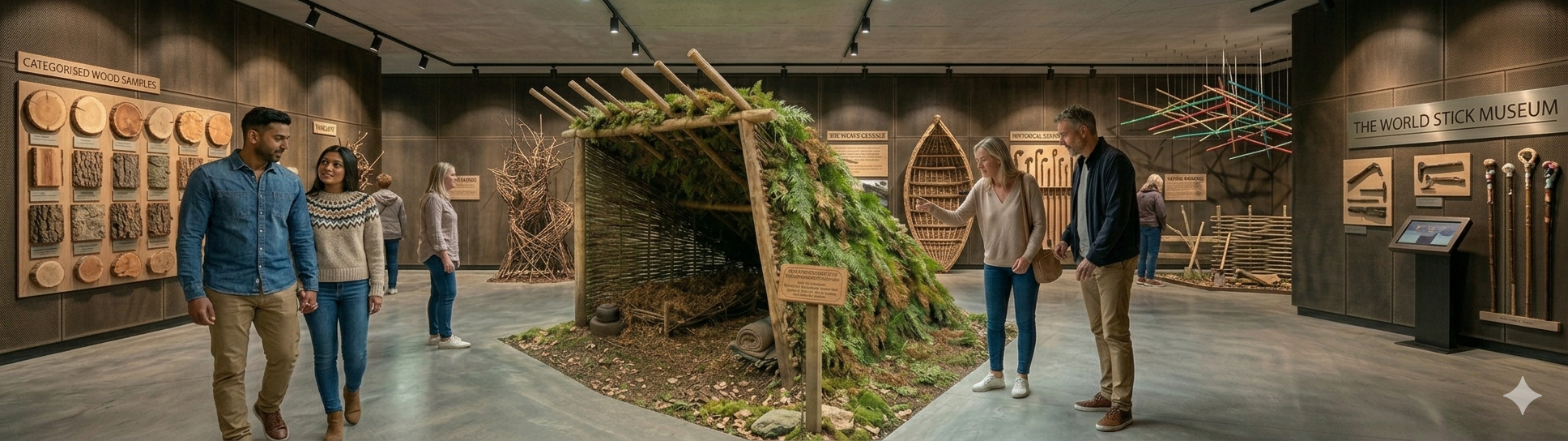 A wide, panoramic photograph of a traditional lean-to shelter nestled in a sun-dappled woodland. The shelter is expertly crafted from a frame of flexible wooden branches, densely covered with green ferns and leafy foliage to provide natural cover. Inside the small, dark opening of the structure, a rolled-up woollen blanket and a vintage canvas rucksack are visible on the forest floor. The surrounding environment features tall, slender trees, a carpet of bracken, and a narrow dirt path winding through the bright, green forest in the background.