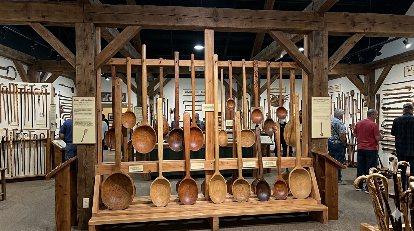 image of a museum exhibit titled Giant Ladles & Spoons within the World Stick Museum. In the centre, a large wooden rack displays over a dozen oversized, hand-carved wooden ladles and spoons of varying lengths, shapes, and wood tones, some reaching nearly the height of a person. The exhibit is housed in a rustic, timber-framed hall with stone-coloured walls. In the background, museum visitors browse other displays, including rows of various walking sticks and canes mounted on the walls. The lighting is warm and focused on the central display.