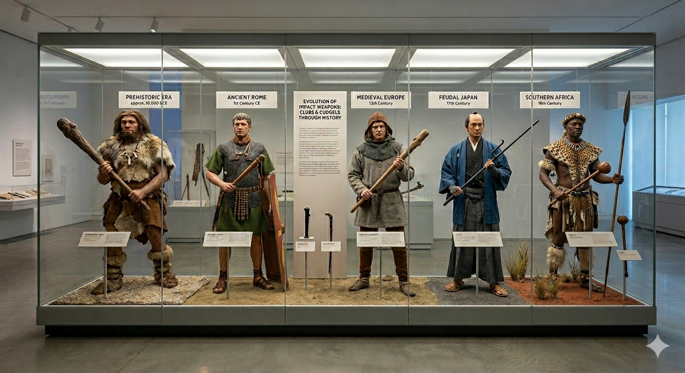 A wide museum display case titled, EVOLUTION OF IMPACT WEAPONS: CLUBS & CUDGELS THROUGH HISTORY, features five life-sized mannequins in historical attire. From left to right, the figures include: A prehistoric man in fur garments holding a heavy, gnarled wooden club. An Ancient Roman soldier in a green tunic and chainmail holding a short wooden stick. A medieval European man in a brown hooded tunic with a long wooden staff. A Japanese warrior in a blue kimono holding a long wooden pole weapon. An Nguni warrior in traditional leopard-skin dress holding a knobkierie and a long spear. The display is set in a modern, brightly lit museum gallery with light grey flooring and informational placards positioned in front of each figure.