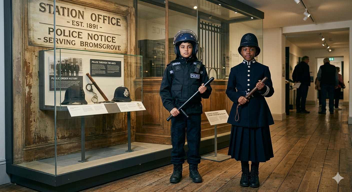 Two children dressed in historical and modern British police uniforms. On the left, a boy wears a modern black riot police suit, including a tactical vest and a blue protective helmet with a clear visor. He holds a black side-handle baton across his chest. On the right, a girl is dressed in a traditional Victorian-style police uniform, featuring a dark navy buttoned tunic, a long pleated skirt, and a classic custodian helmet. She holds a short, dark wooden truncheon. They stand in front of a museum exhibit designed to look like an old police station. A weathered wooden sign above a glass display case reads, STATION OFFICE - EST. 1891 - POLICE NOTICE - SERVING BROMSGROVE. The display case contains historical police memorabilia, including a set of handcuffs, two helmets, and a wooden truncheon. The room features light wood flooring and a long corridor extending into the background where other museum visitors are visible.