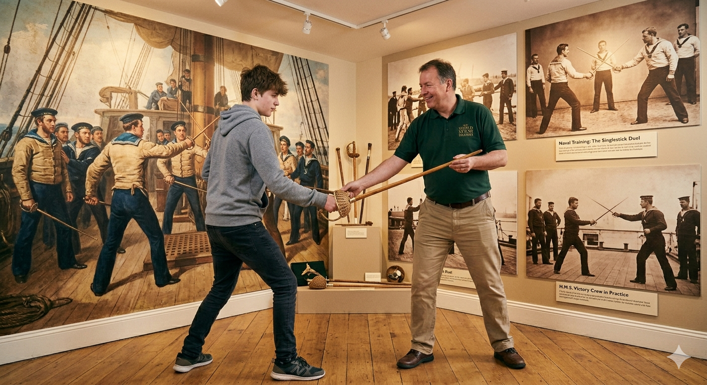 Two individuals demonstrate singlestick fencing within a museum gallery. An older man in a green polo shirt smiles while guiding a younger person in a grey hoodie through a duel stance. In the background, large historical murals and informational posters depict sailors practicing singlestick combat on ships