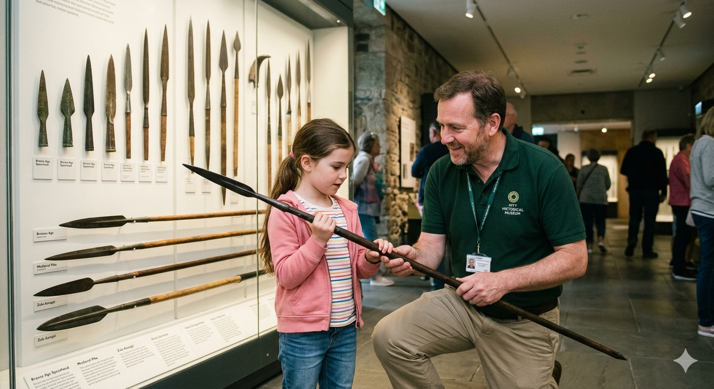 photograph set in a modern museum gallery shows an adult male staff member kneeling to help a young girl hold a long, dark-timbered spear. The instructor, dressed in a dark green polo shirt and khaki trousers, supports the spear's weight while the girl, wearing a pink hoodie and striped t-shirt, grips the shaft with both hands. In the background, a large, well-lit wall display features several rows of historical spearheads in various shapes and sizes and three full-length spears mounted horizontally.