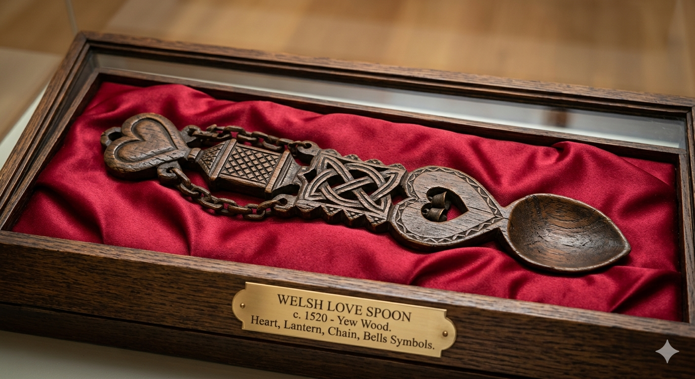 An intricately carved Welsh lovespoon resting inside a dark wooden display case. The spoon is crafted from dark, aged yew wood and features detailed symbolic carvings, including hearts, a lantern, a delicate wooden chain, and small bells. It lies on a bed of ruffled, deep red satin. At the base of the frame, a brass plaque identifies the piece as a Welsh Love Spoon from circa 1520, listing the various symbols depicted.